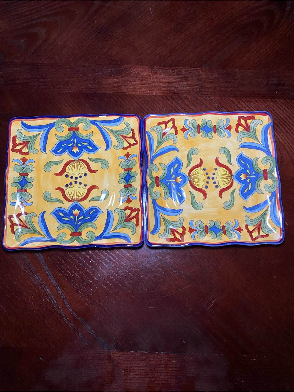 Maxcera Talavera square salad plate in yellow blue red green 8.75 inches